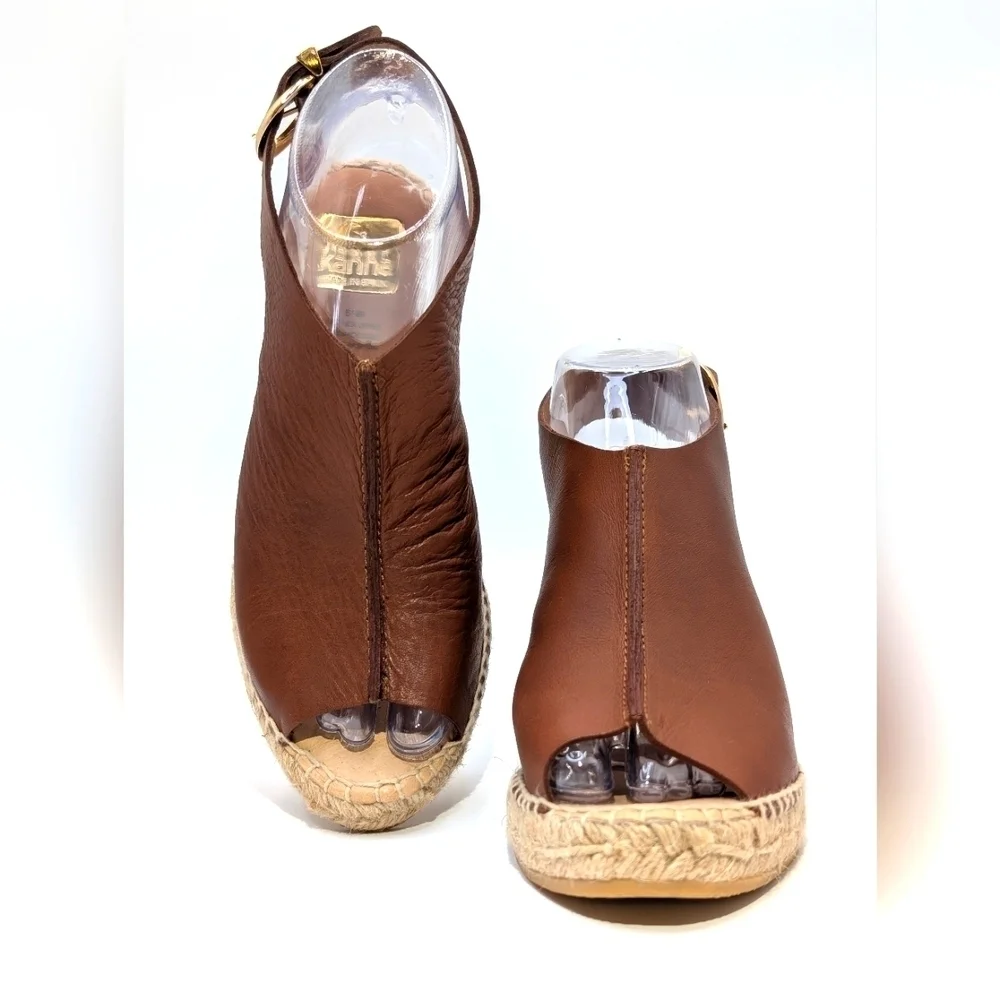 Kanna Peep Toe Spain Slingback Brown Leather Espadrille Wedge Sandals Size‎ 6.5